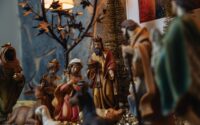 closeup of a nativity scene with tree kings