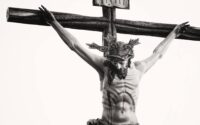 grayscale photo of the crucifix